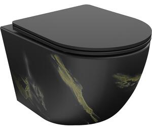 Mexen Lena, Vas de toaletă montat pe perete fără margine, cu scaun din plastic duro cu închidere lentă, imitație de piatră neagră, 30224098