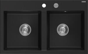 Mexen Hektor, chiuveta granit cu 2 camere 800x480x205 mm, negru, sifon cromat, 6521802000-77