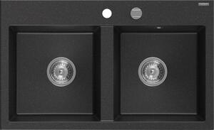 Mexen Hektor, chiuveta granit cu 2 camere 800x480x205 mm, negru-argintiu metalic, sifon crom, 6521802000-73