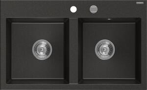 Mexen Hektor, chiuvetă granit cu 2 camere 800x480x205 mm, negru-auriu metalic, sifon crom, 6521802000-75