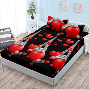 Husa de pat, 2 persoane, cocolino, 3 piese, cu elastic, 180x200cm, negru , cu turnul Eiffel si inimi rosii, HPC133