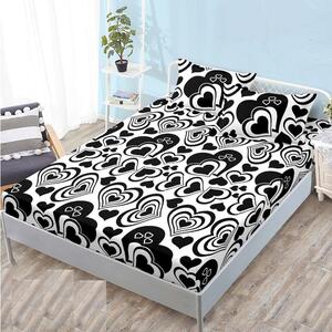 Husa de pat, 2 persoane, cocolino, 3 piese, cu elastic, 180x200cm, alb , cu inimioare negre, HPC136