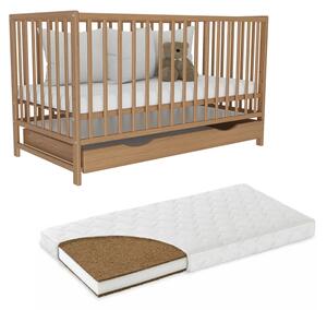 Patut din lemn masiv 120x60 cm Matilda cu sertar cu capac, somiera reglabila pe 3 nivele, include saltea cocos 12 cm