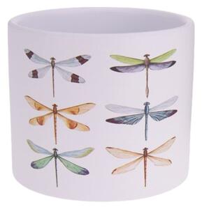 Ghiveci decorativ ceramic, alb cu ilustrații cu libelule, pentru plante și flori, design modern 13.5x12.5 cm