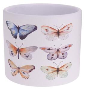 Ghiveci decorativ ceramic, alb cu ilustrații cu fluturi, pentru plante și flori, design modern 13.5x12.5 cm