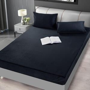 Husa de pat, 2 persoane, catifea, 3 piese, cu elastic, uni, negru , HCF10