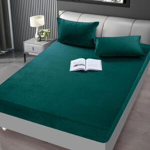 Husa de pat, 2 persoane, catifea, 3 piese, cu elastic, uni, verde , HCF08
