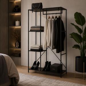 Raft elegant pentru haine cu polițe și bară pentru umerașe, design modern industrial, negru, 90 x 40 x 166.5 cm