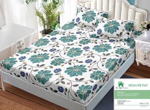 Husa de pat, finet, 180x200cm, 2 persoane, 3 piese, cu elastic, alb , cu flori verzi, HPF357