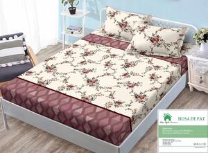 Husa de pat, finet, 180x200cm, 2 persoane, 3 piese, cu elastic, crem si maro, cu floricele, HPF358