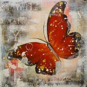 Tablou pictat manual Butterfly rosu, 40x40cm