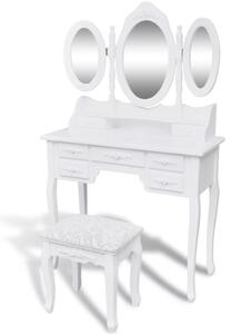 Masă de toaletă cu taburet și 3 oglinzi, alb