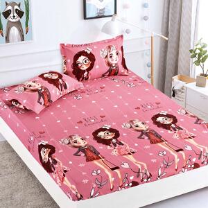 Husa de pat, 1 persoană, finet, 3 piese, cu elastic, roz , cu fetite, HPP28