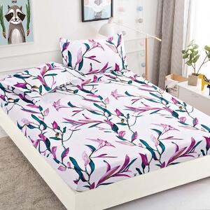 Husa de pat, 1 persoană, finet, 3 piese, cu elastic, alb , cu flori violet, HPP33