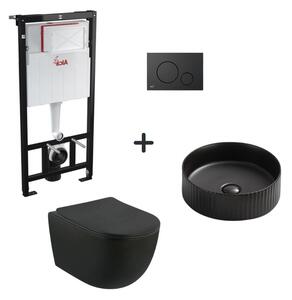 Set vas wc rimless negru cu capac soft close, lavoar rotund cu ventil, plus rezervor incastrat si clapeta de actionare neagra