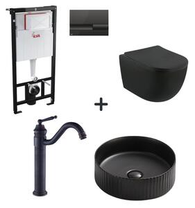Set vas wc rimless cu capac soft close, lavoar rotund cu ventil inclus, baterie neagra si rezervor wc incastrat cu clapeta