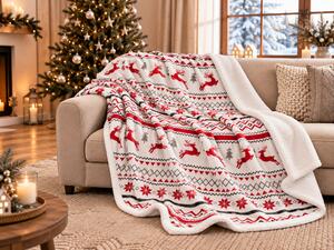 Patura alba de miel de Craciun din microplush RETRO CHRISTMAS Dimensiuni: 200 x 220 cm