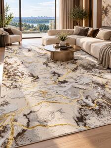 Covor Elsa 12287, Marime 150 x 230 cm, Crem si Auriu Inaltime Fir 7 mm, Antialergic, Polipropilena, Living, Dormitor 150 x 230