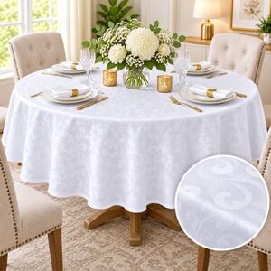 Fata de masa satinata jacquard alba, rotunda, diametru 140cm, Arabesc