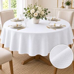 Fata de masa satinata jacquard alba, rotunda, diametru 140cm, elegant geometric