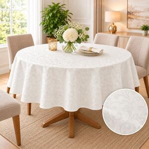 Fata de masa satinata jacquard crem, rotunda, diametru 140cm, model arabesc