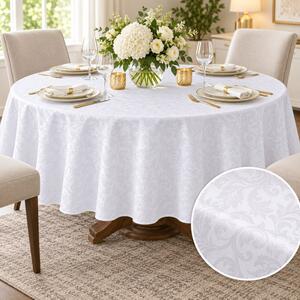 Fata de masa satinata jacquard alba, rotunda, diametru 140cm, damasc cu frunze stilizate