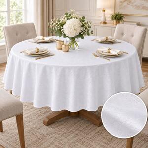 Fata de masa satinata jacquard alba, rotunda, diametru 140cm, damasc floral
