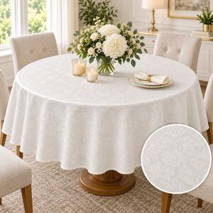 Fata de masa satinata jacquard crem, rotunda, diametru 140cm, elegant floral