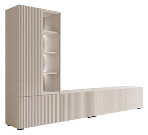 Set de living Comfivo Tutelar, Cașmir, Travertin ușor, PAL laminat, Sticlă călită, MDF, 158x260x41cm, 93 kg
