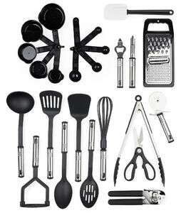 Set ustensile bucatarie din nylon rezistent la caldura, 25 piese, antiaderente, cu suport – spatule, linguri, polonic, cleste, tel, razatoare, cani si linguri de masurare – onuvio®