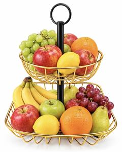 Fructiera cu 2 etaje, suport metalic modern pentru fructe si legume, organizator elegant pentru bucatarie si masa, 51 x 42 cm, auriu