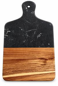 Platou de servire tip tocator din lemn si marmura– tava pentru aperitive, branzeturi, mezeluri si gustari, 33.5 x 21.5 cm, negru/maro