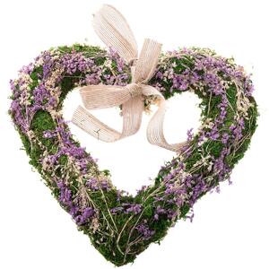 Inima de mușchi suspendată cu flori uscate, violet, 25 x 3,5 cm