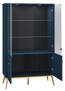 Vitrină Marine 02 cu patru uși și picioare metalice 92 cm - Albastru închis / Auriu