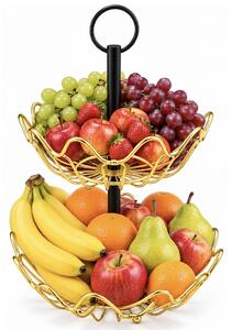 Fructiera cu 2 etaje, suport metalic modern pentru fructe si legume, organizator elegant pentru bucatarie si masa, 41 x 27 cm, auriu