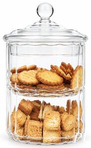 Bomboniera eleganta din sticla transparenta, etajata, cu 2 compartimente si capac – recipient decorativ pentru dulciuri si praline