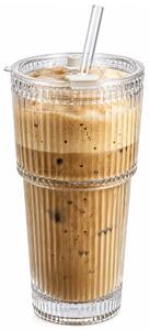 Pahar elegant Pufo din sticla cu capac si pai, ideal pentru smoothie, apa, limonada, cafea rece sau sucuri, 500 ml