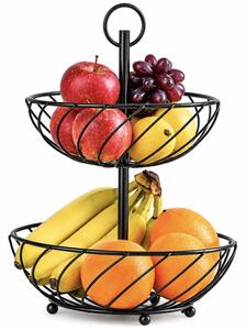 Fructiera cu 2 etaje, suport metalic modern pentru fructe si legume, organizator elegant pentru bucatarie si masa, Ø 27 x 37 cm, negru