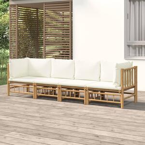 Set mobilier de grădină, cu perne alb crem, 4 piese, bambus