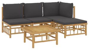 Set mobilier de grădină cu perne gri închis, 5 piese, bambus