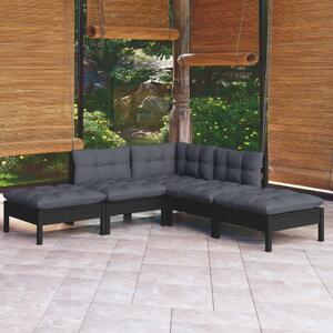 Set mobilier grădină cu perne, 5 piese, negru, lemn de pin