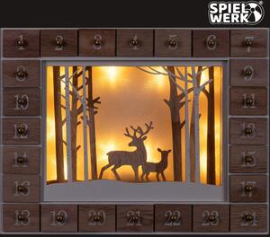 Calendar de advent din lemn cu iluminare LED, Pădure de iarnă 35x6x27cm
