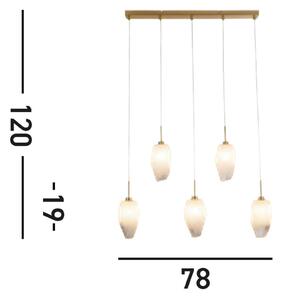 Lampă suspendată Rocky, 5 becuri, lungă, culoarea alamei, oțel, sticlă