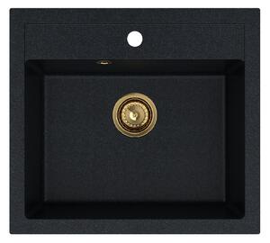 SINK Quality Chiuveta Quality Ferrum, chiuveta granit bucatarie 565x510x205 mm + sifon auriu, pete negre-Brocart, SKQ-FER.B.1K60.XG