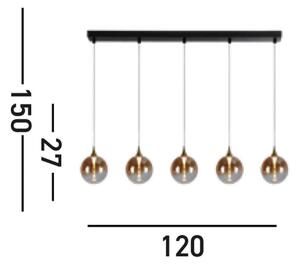 Lampă suspendată LED Alchemy, 5 becuri, negru, chihlimbar, sticlă