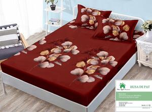 Husa de pat, finet, 180x200cm, 2 persoane, 3 piese, cu elastic, visiniu , cu flori, HPF363