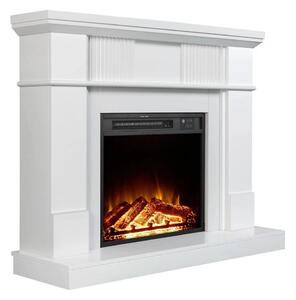 Semineu electric cu mască MDF, flacără LED, bușteni decorativi, sunet lemne, termostat, timer, telecomandă, Alb