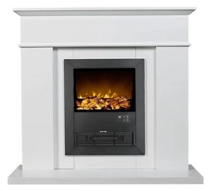 Semineu electric cu mască MDF, flacără LED, bușteni decorativi, sunet lemne, termostat, timer, telecomandă, Alb