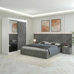 Dormitor Eric Gri Tapitat Cu Noptiere Tapitate + Extensii 140x200