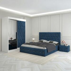 Dormitor Eric Albastru Tapitat Cu Noptiere Tapitate 160x200